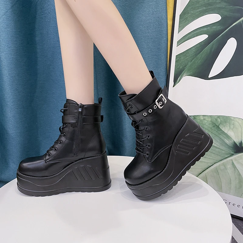 2023 Shoes for Female Side Zip Belt Buckle Women's Ankle Boots Wedge Heel Women's Shoes High Platform Plus Size Ladies Boots