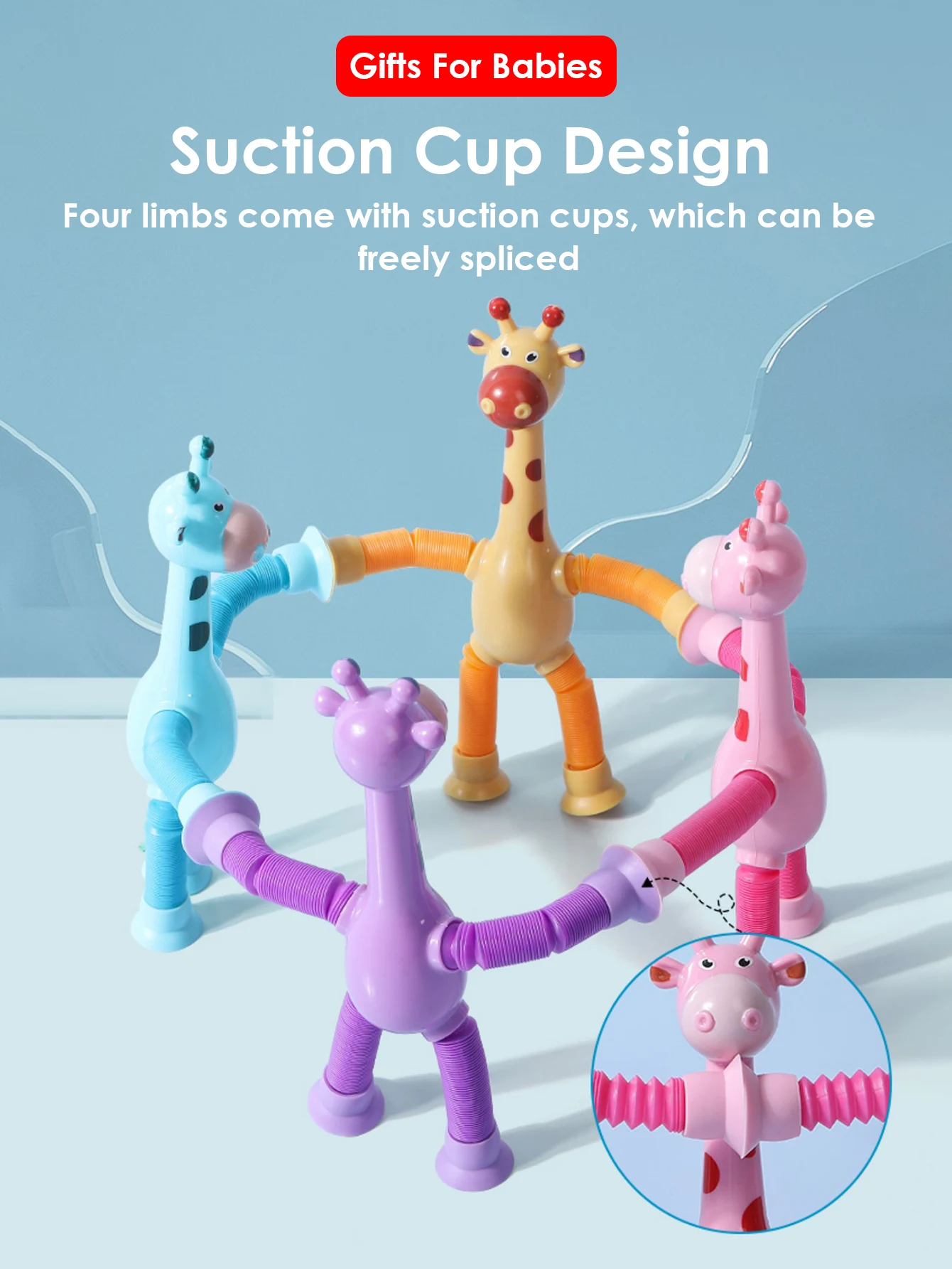 4 pieces/set Fun Stretching Giraffe Suction Cup Hand Toys Sensory Bellows Toys Pressure Compression Puzzle Learning suction cup hand toys