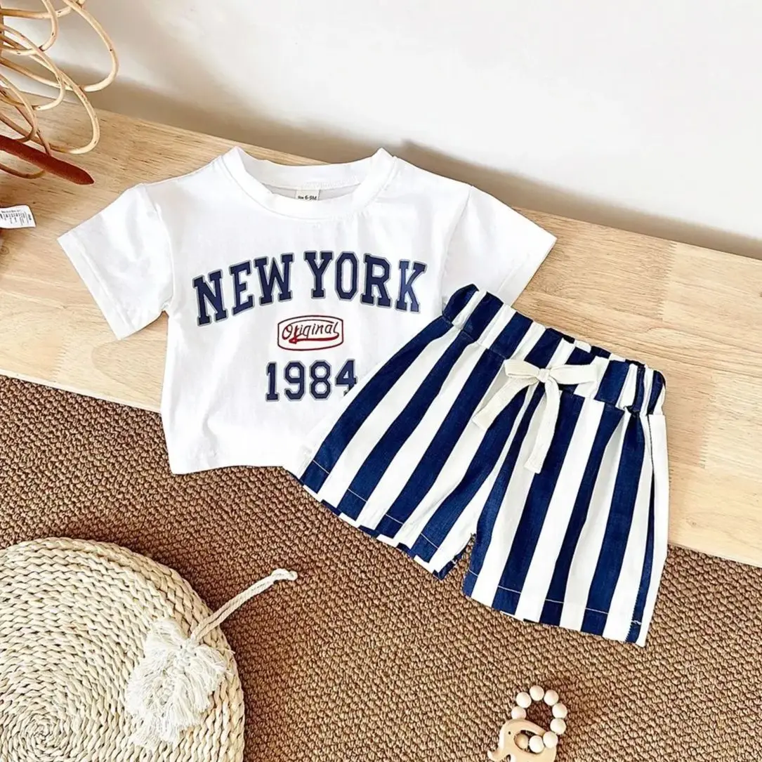 Infant Outfit Suit New York Print T-Shirt +Bars Shorts Newborn Baby Boys Clothing 2Pcs Summer Baby Clothes Infant Set 0-3Y