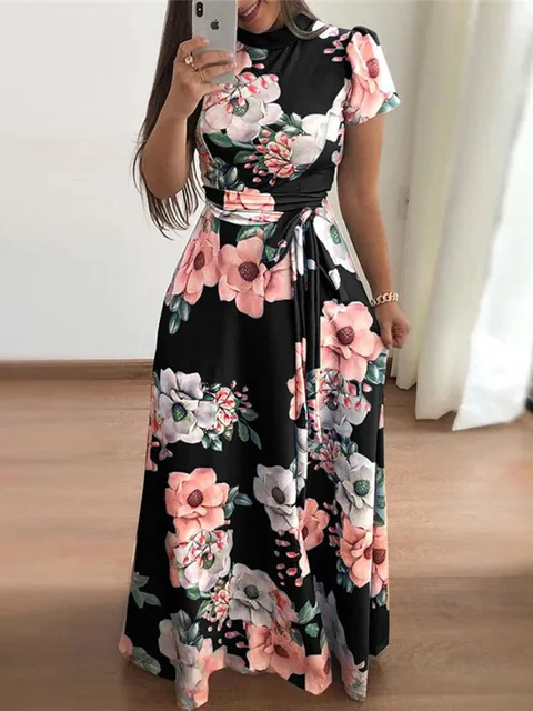 المرأة الصيف فستان طويل 2022 عادية كم طويل بوهو الأزهار طباعة ماكسي فستان الياقة المدورة ضمادة أنيقة فساتين الحفلات Vestidos 4