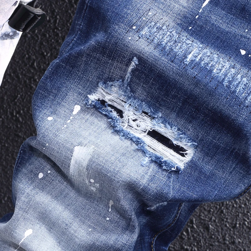 Fashion Designer Men Jeans Retro Blue Elastic Slim Stretch Ripped Jeans Men Painted Trousers Street Vintage Denim Pants Hombre