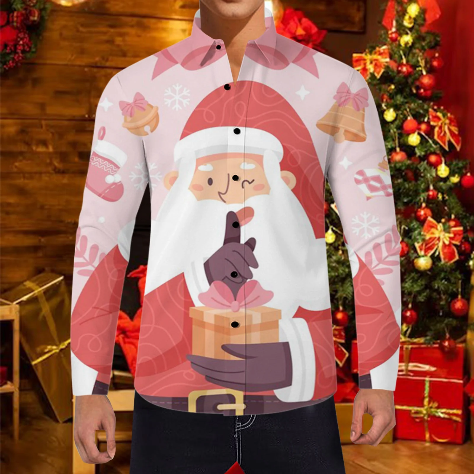 

Men'S Christmas Shirts Navidad Blouses Cartoon Shirt Funny Santa-Claus Tops Themed Printed Lapel-Neck Long-Sleeved Camisas