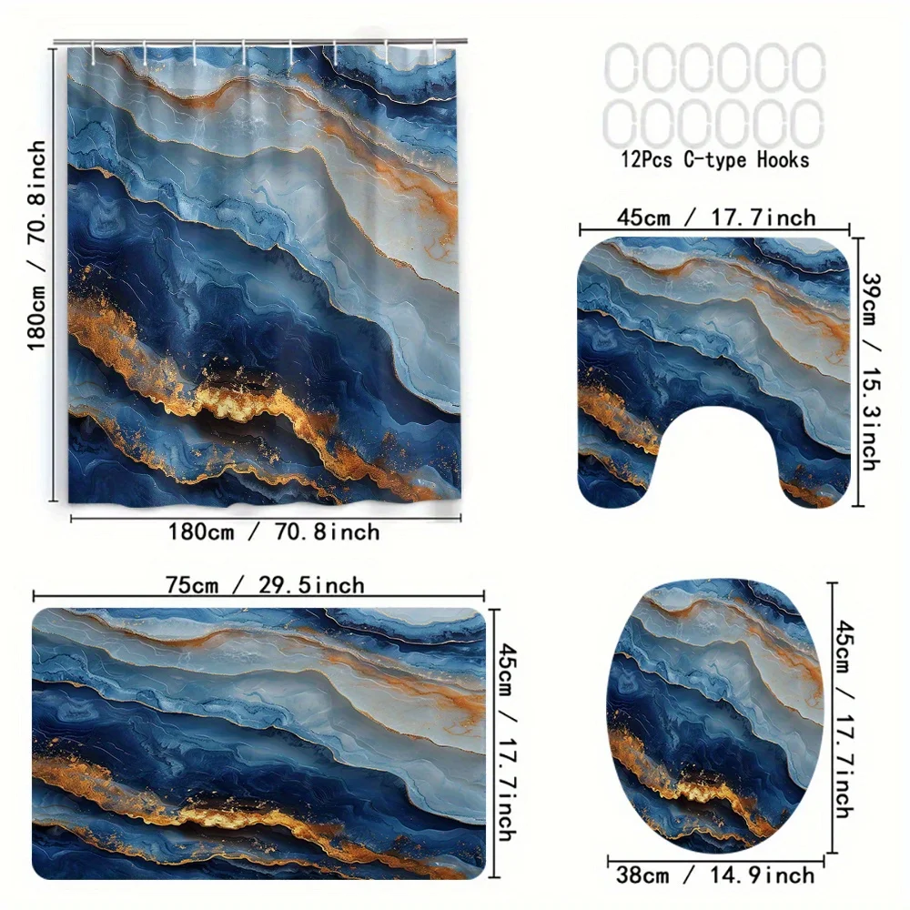 4개 조경 테마 방수 폴리에스테르 샤워 커튼 세트(후크 포함), 기계 세탁 가능, 직물, 모든 계절에 적합