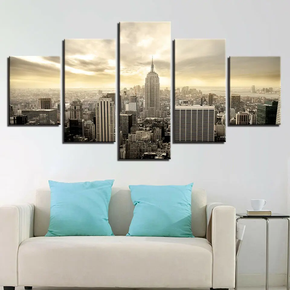 

No Framed Canvas 5 Panel New York City Skyline At Sunset HD Decorative Wall Art Posters Pictures Bedroom Home Decor Paintings