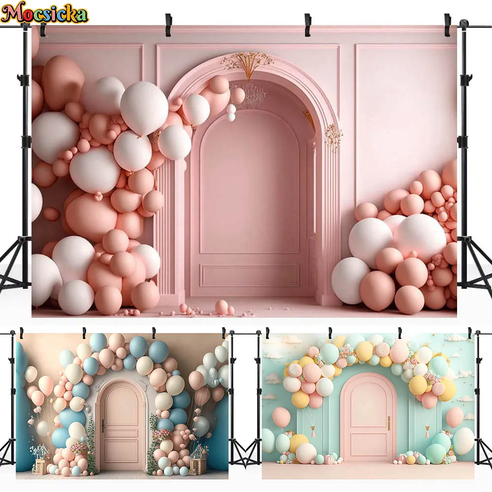 

Mocsicka Photography Background Balloon Arch Pink Wood Door Child Birthday Party Decor Girl Portrait Backdrop Photo Studio Props