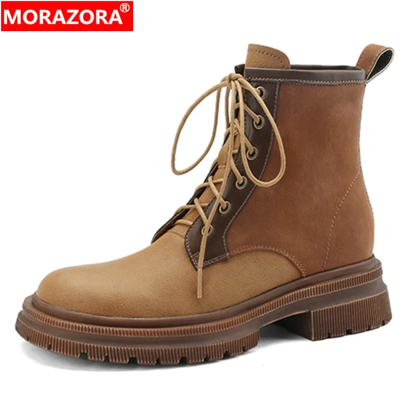 

MORAZORA 2024 New Retro Genuine Leather Women Boots Autumn Winter Narrow Band Ankle Boots Ladies Platform Thick Med Heels Shoes