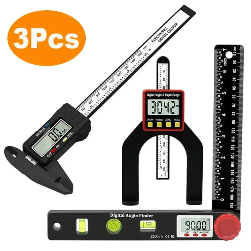 

3Pcs/Set Digital Protractor Angle Ruler 150mm Spirit Level Digital Caliper Depth Gauges Woodworking Measuring Tools Set