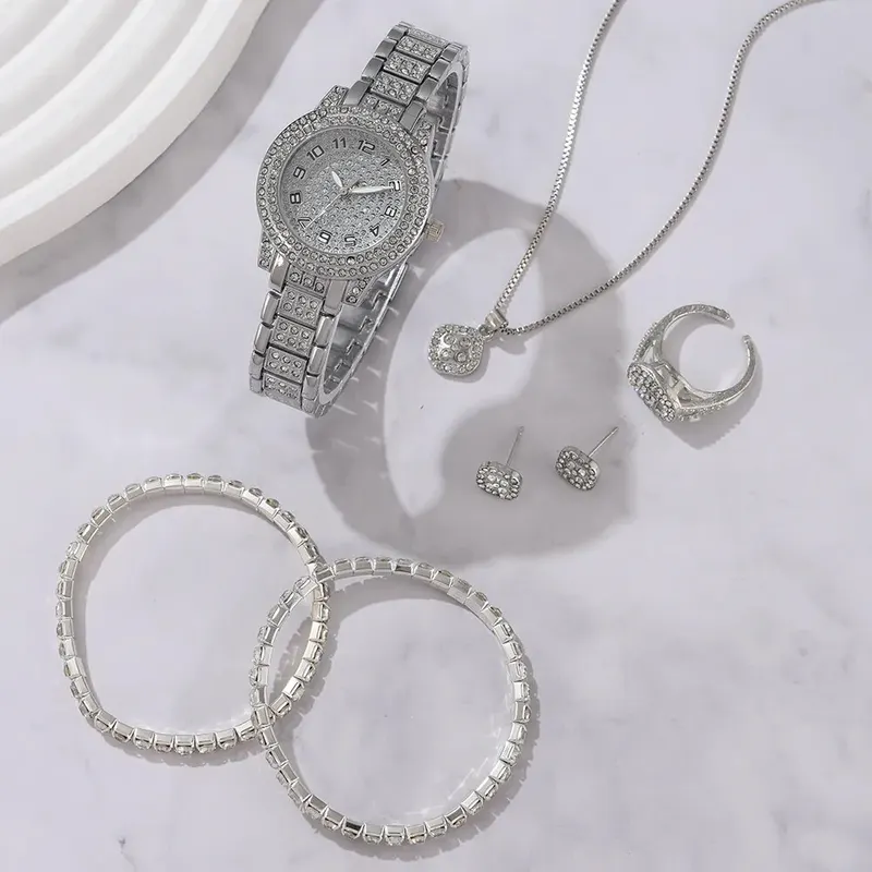 6PCS Women Watch Elegant Alloy Crystal Wristwatch