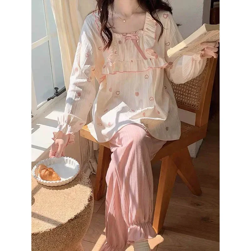 Heart Sleepwear Women Pajama Sets Ruffles Pants 2 Pieces Square Collar Piiama Korean Full Sleeve Spring Night Wears Home Suit