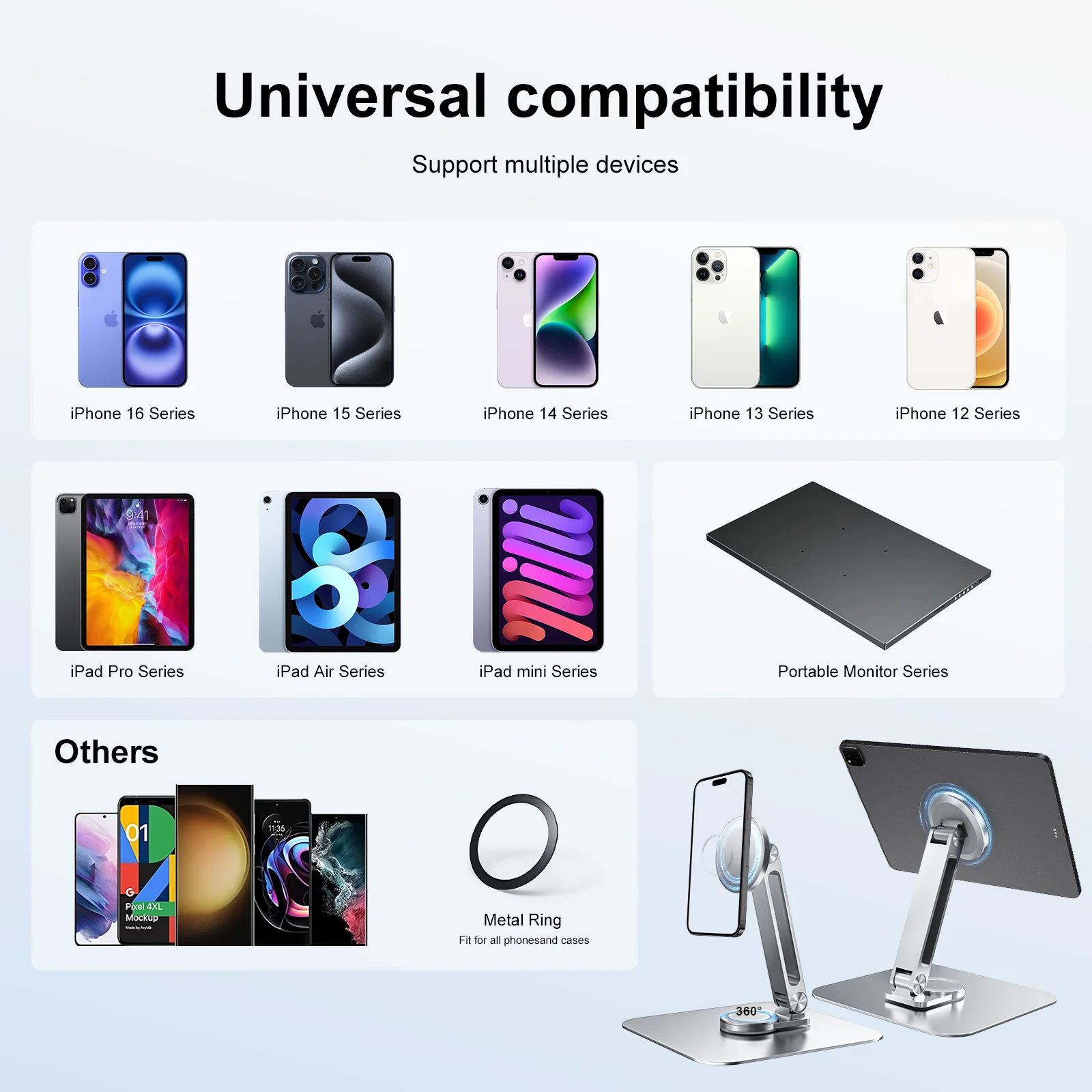 Silvery Magnetic Metal Stand - 360° Rotatable Holder for Portable Monitor, for iPad & iPhone Display Ideal for Home & Office 3