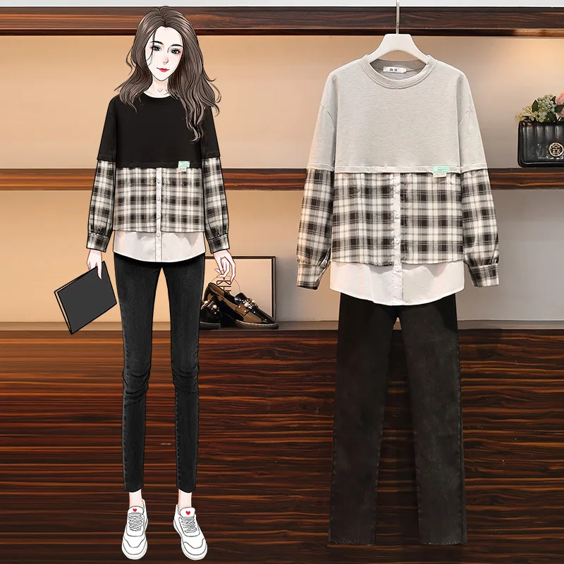 2023 Autumn Winter Women's Long Sleeve Patchwork Sweatshirts American Retro Plaid Round Neck Female Fashion Vintage Tees Top