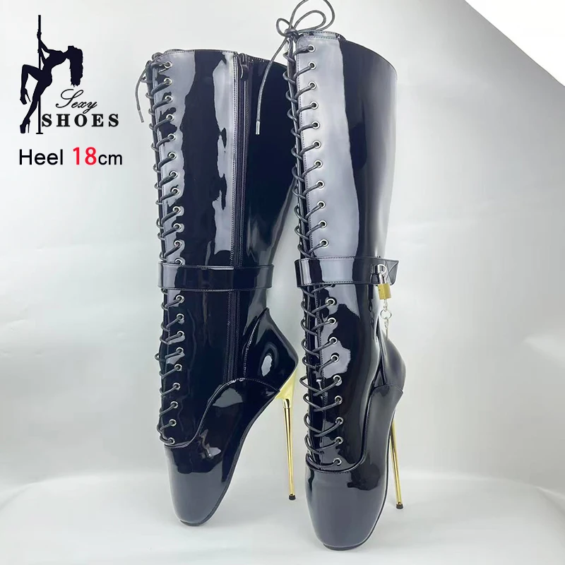Fetish Gothic Shoes For Women Sexy 18cm Extreme high heels Lock Wrap Strap Leather Mid-calf Boots Black Ballet boots With Lock