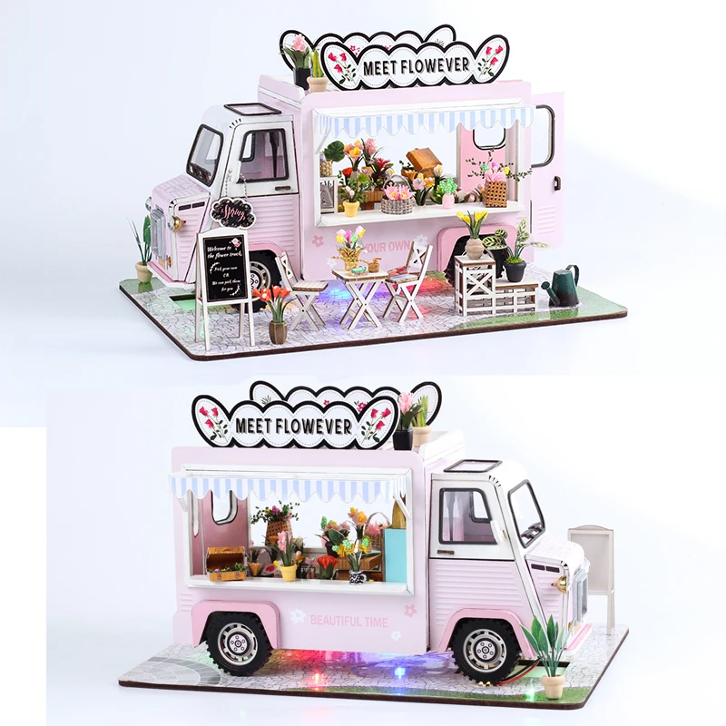 DIY 나무 미니어처 모델 키트 꽃 카트 카사 인형 집, 3D 퍼즐 인형 집, 가구 LED 조명, 친구 선물