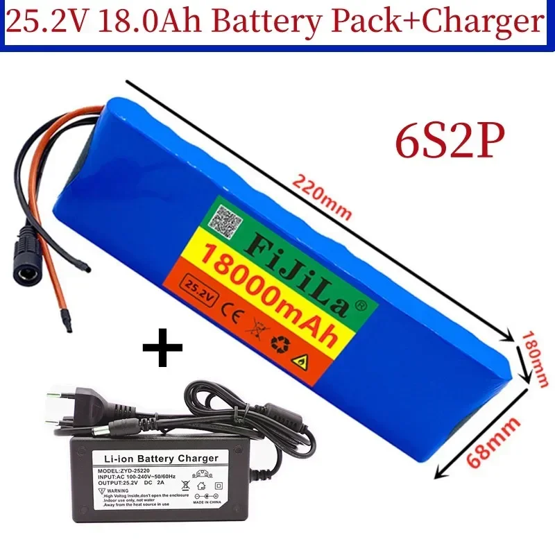 

25.2V 18000mAh 6S2P 18650 Lithium Battery Pack 24V 18000mAh With BMS For Electric Bicycle Moped + 2A Batteries Charger