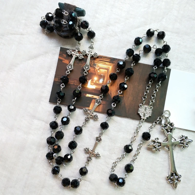Presents Black Crystal Rosary Necklaces Long for Cross Decor Gift for Teen Women
