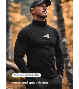 70% strato base in lana merino Top da uomo in lana merino leggera biancheria intima termica da uomo camicie a maniche lunghe aderenti maglione con mezza zip 1