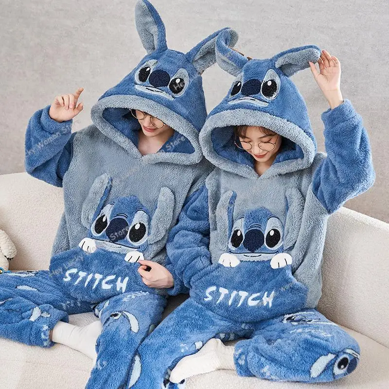 Cartoon Stitch Couple Coral Fleece Pajamas Suit 2Pcs Disney Cute