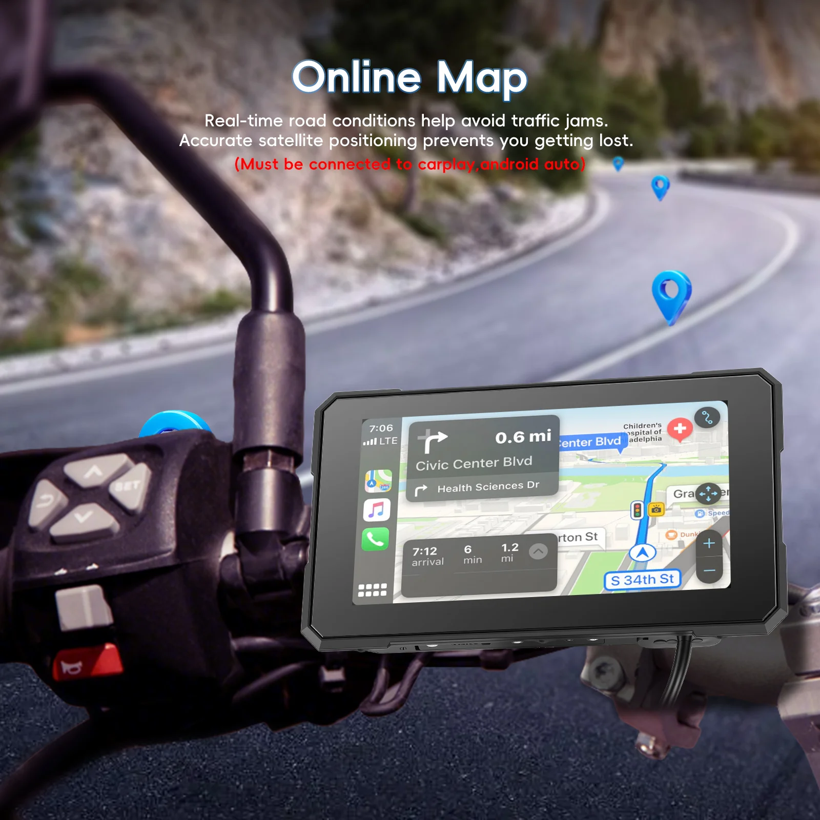 Reproductor de Pantalla Inteligente para Motocicleta Podofo de 5'' con Pantalla Táctil, Carplay, Android Auto, Resistente al Agua IP67, Brillo Automático, Reproductor Portátil para Motocicleta 4