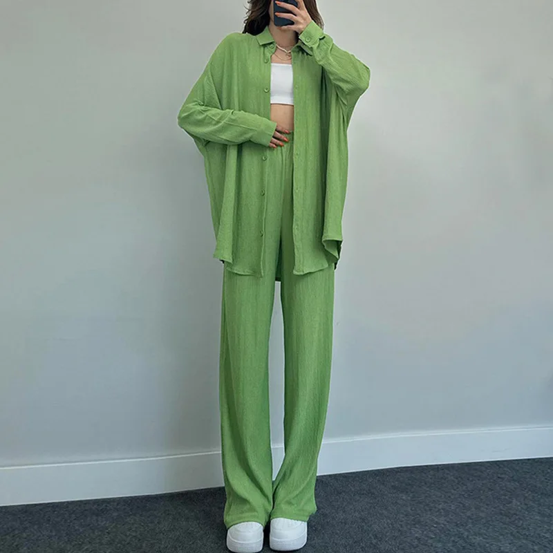 2024 Women's Summer Autumn New Product Temperament Solid Color Long-sleeved Shirt Coat Wide-leg Trousers Casual Two-piece Set