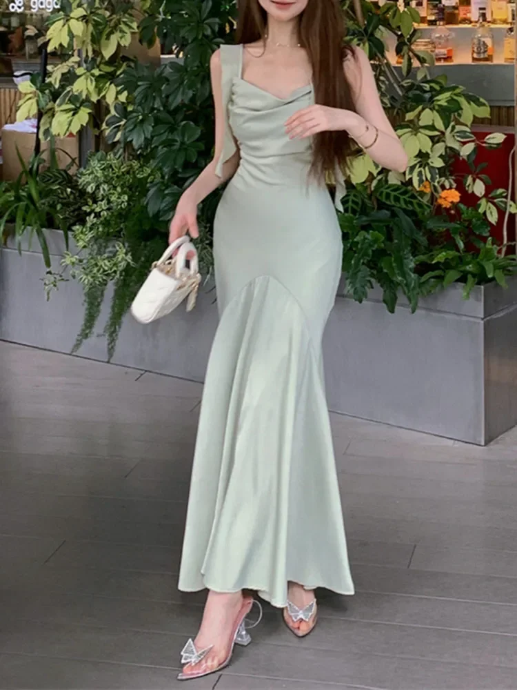 

Elegant Solid Satin Dress for Women Sleeveless Ruffles Spaghetti Strap Fashion Sling Slim 2024 New Summer Dresses Korean Style