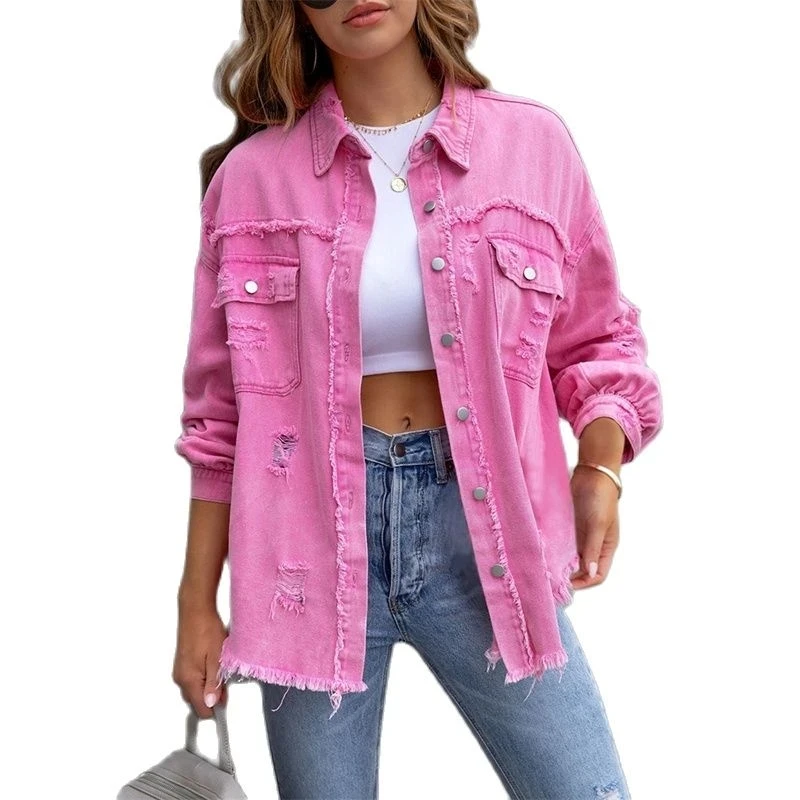 

New Women Spring Autumn Shirt Style Jeancoat Holes Raw-edges Denim Jacket Casual Top Rose-Red Orange Purple Outerwear Lady Coat