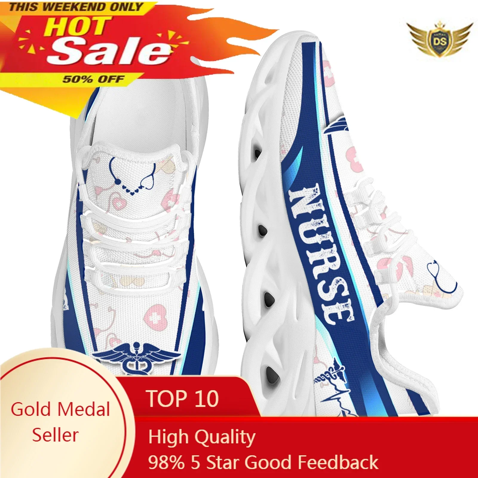 White Ladies Nurse Print Summer Knit Platform Shoes Lightweight And Breathable Lace-up Blade Sneakers Medical Shoes