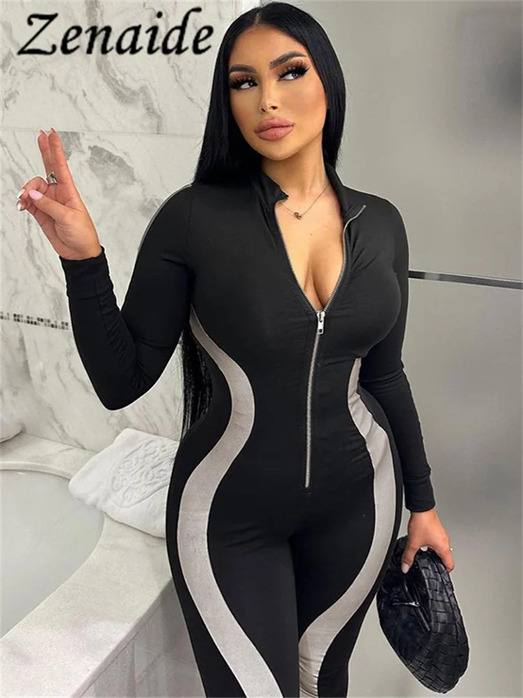 

Zenaide Long Sleeve Zipper Jumpsuit Stripe Patchwork Pencil Pant Women Fall Bodycon Sexy Body Shaping Romper Skinny Overalls Y2K
