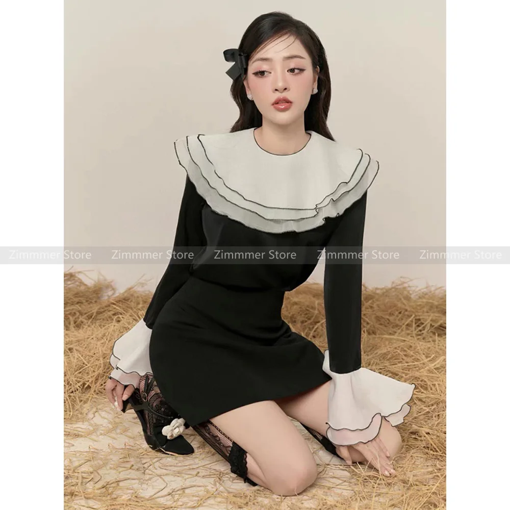 

High Quality! 2024 spring and summer new niche ageing collision colour ruffle flared sleeve top + half-body skirt set female