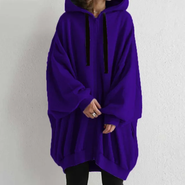 New Fashion Women Casual Solid Color Hoodie Coats Autumn Winter Female Long Lantern Sleeve Zip Up Loose Cardigan Sweatshirts