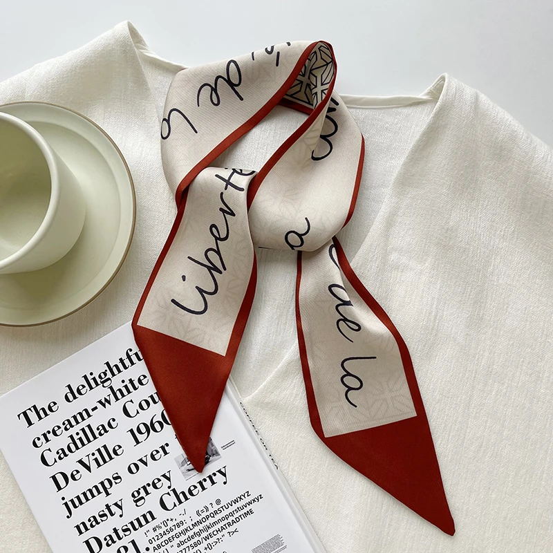 Luna&Dolphin Women Spring Skinny Long Scarf Red Geometry Letter Checkerboard Print Chiffon Silk Tie Bag Ribbon Headband Choker 2