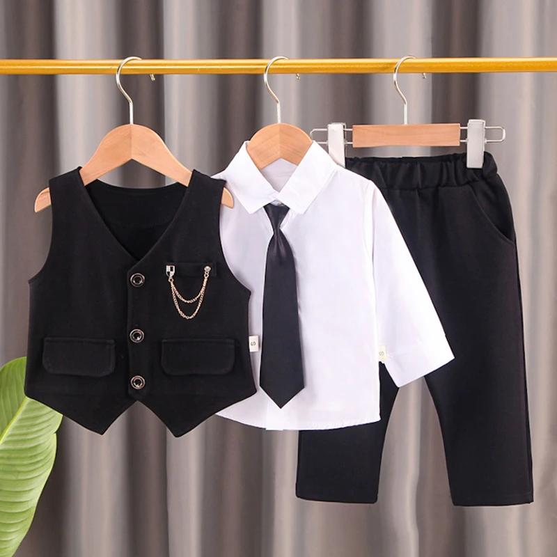 Toddler boys Long Sleeve T-Shirt + plaid suit tie 3 piece Clothes Set