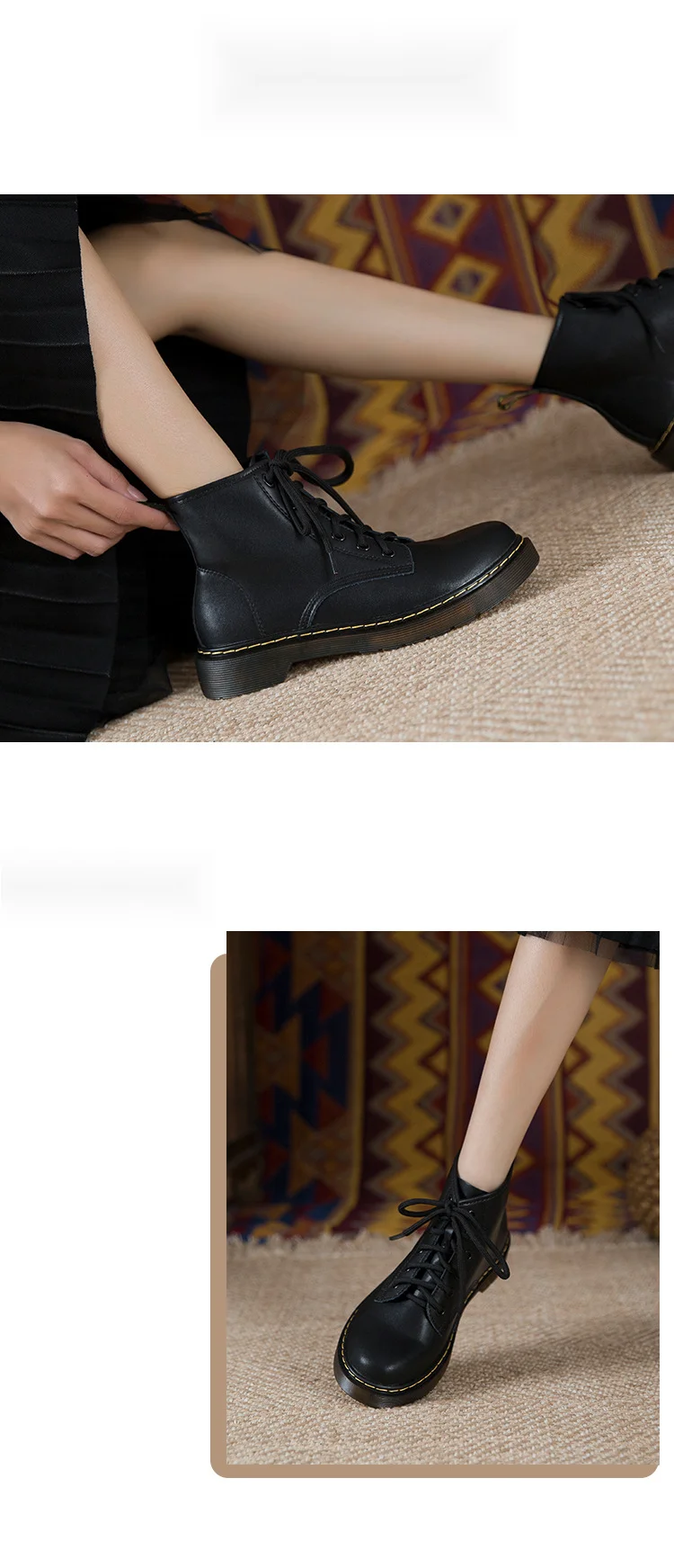 Ghete de motocicletă scurte Martin din piele naturală, negre, cu opt și șase găuri, în stil britanic, pentru femei_voghion.com