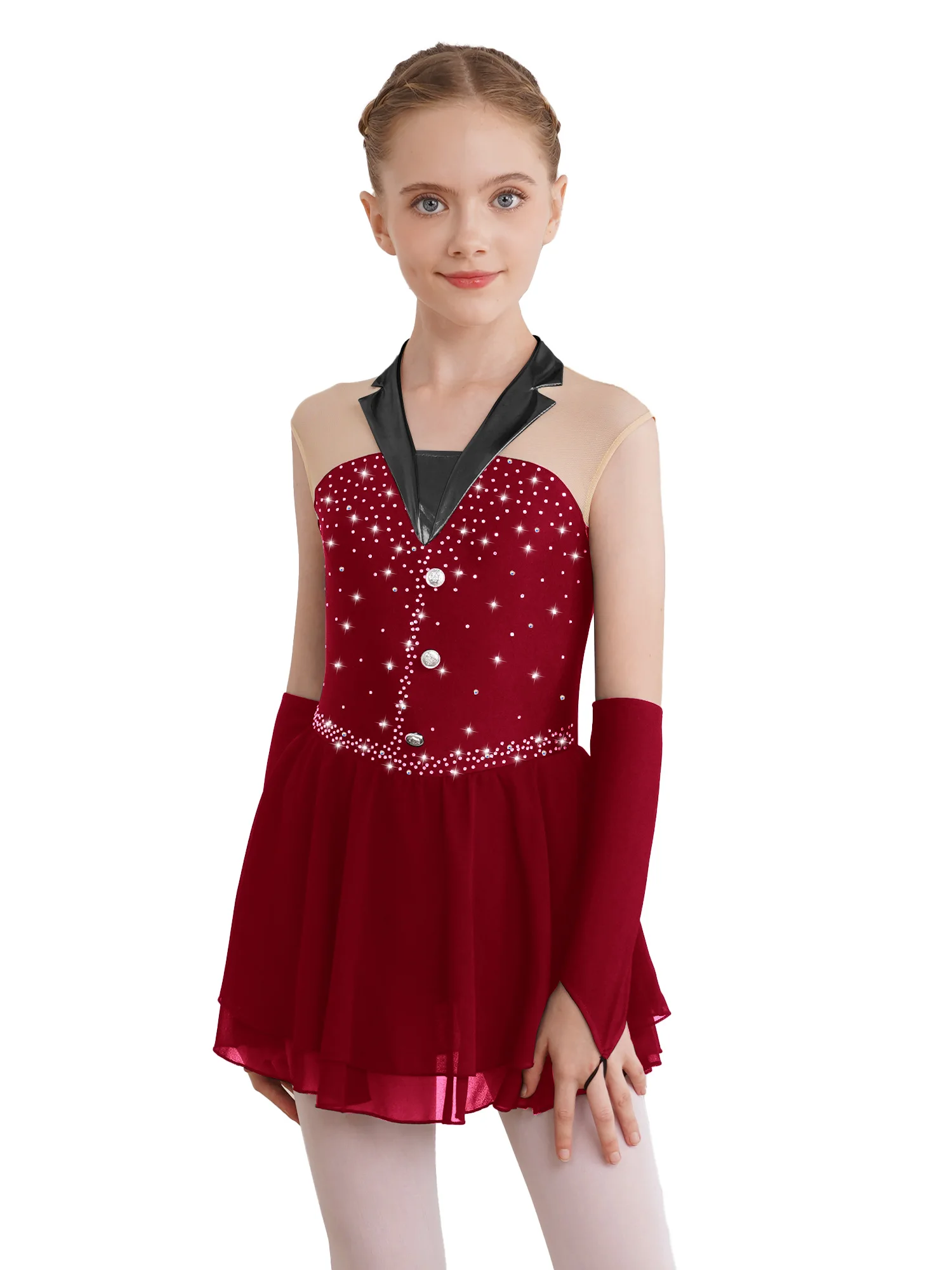 

Kids Girls Halter Sleeveless Latin Jazz Ballet Tutu Gymnastics Leotard Dress Shiny Rhinestone Sheer Mesh Figure Skating Dress