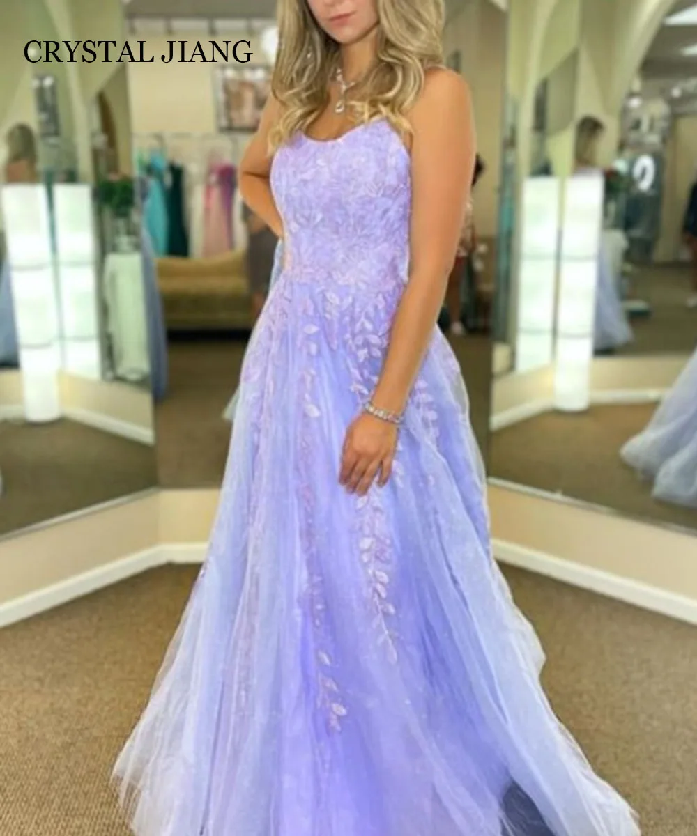 

Elegant Long Spaghetti Straps Tulle Prom Dresses Sleeveless Lace Up with Applique A Line Sweep Train вечернее платье