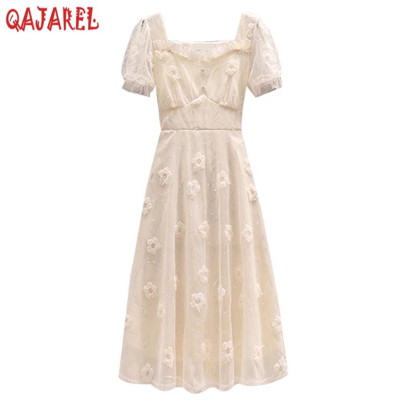 

Women White Lace Floral Chiffon Square Collar Midi Deess Summer Beach Style Fashion Light Dress 2024 Korean Elegant Bodycon Robe