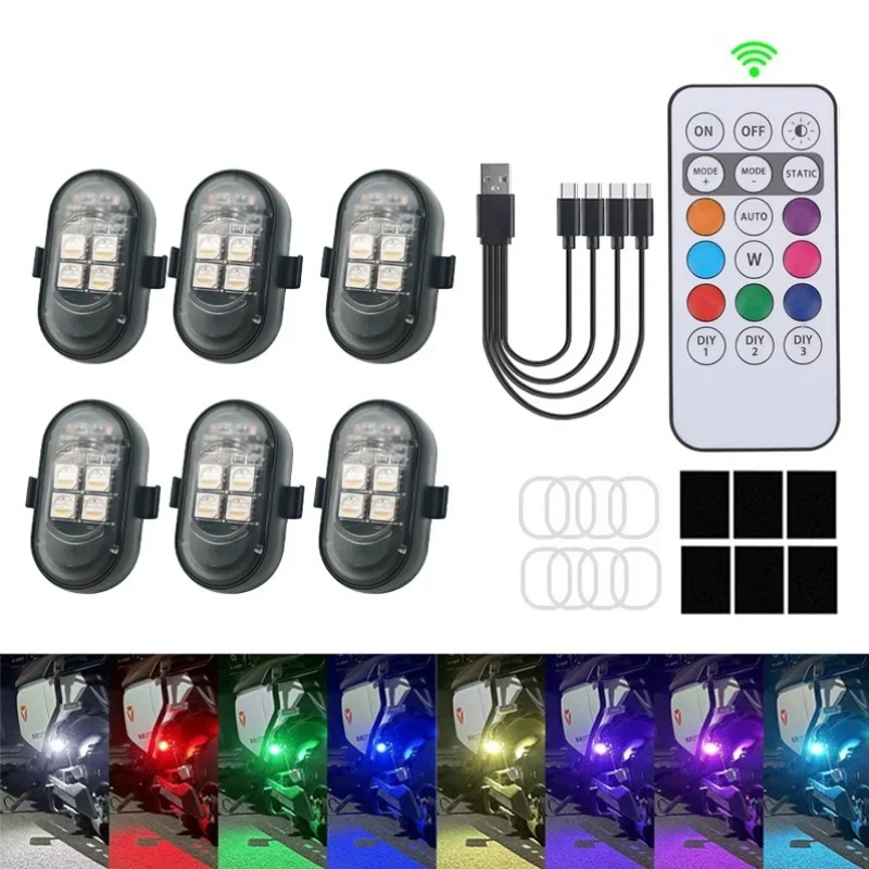 2/4/6pcs RGB 스트로브 라이트 USB 충전식 경고등 차량 방수 장식 조명 리모컨 LED 오토바이용