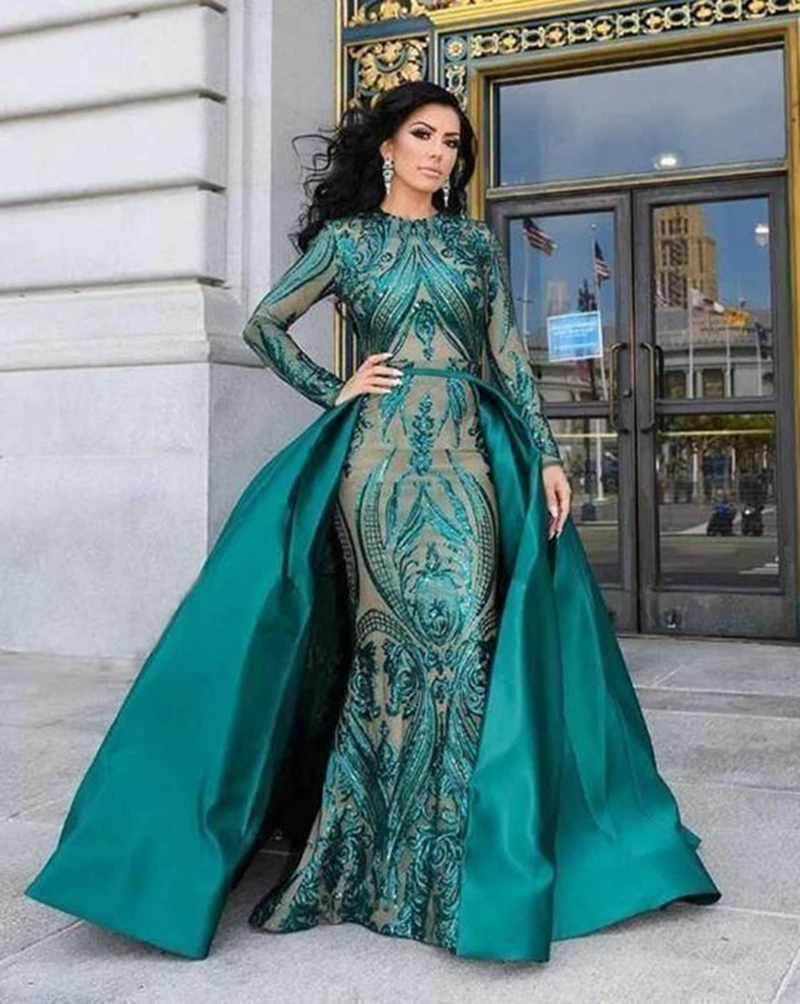 Luxury Dark Green Sequined Prom Dresses Long Sleeves Glitter Formal