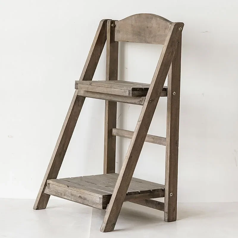 Vintage Do Old Storage Rack Double-Layers Trapezoidal Plant Stand Flower Display Shelf Freestanding Balcony Sundries Wooden Rack