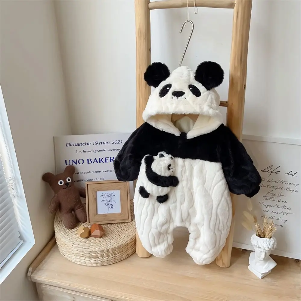 

New Baby Autumn And Winter Warm Plush Cute Panda Clothes White And Black Hooded Crawling Suit Kawaii