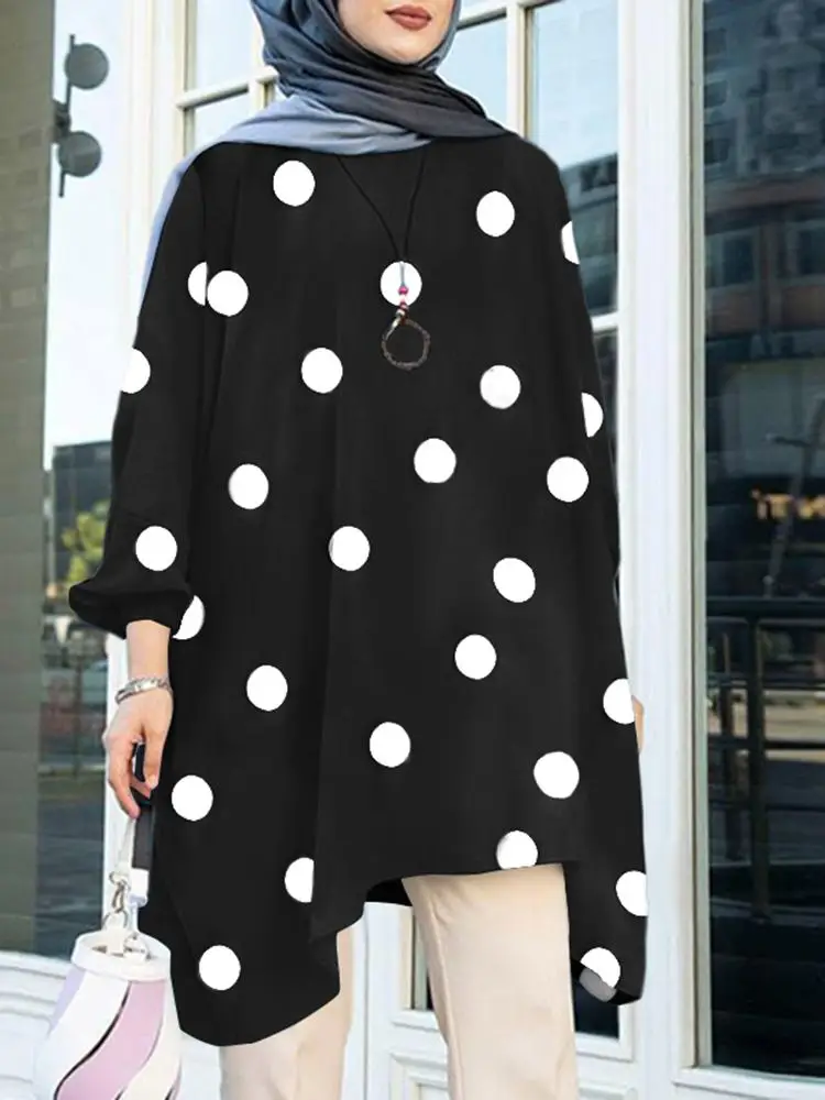 

ZANZEA Women Long Sleeve Irregular Hem Shirt Fashion Muslim Blouse Casual Polka Dot Tops Blusas Female Islamic Clothing Oversize