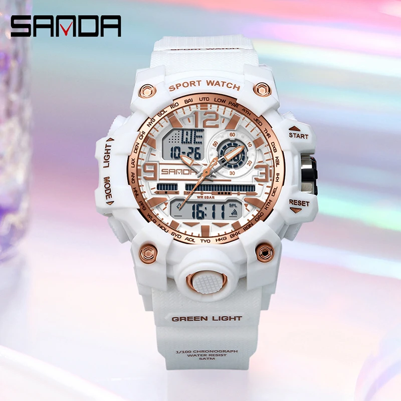SANDA G-Style Ladies Watches Waterproof Outdoor Casual Clock Sports Military Women Watch Quartz Digital Dual-display Wristwatch 2