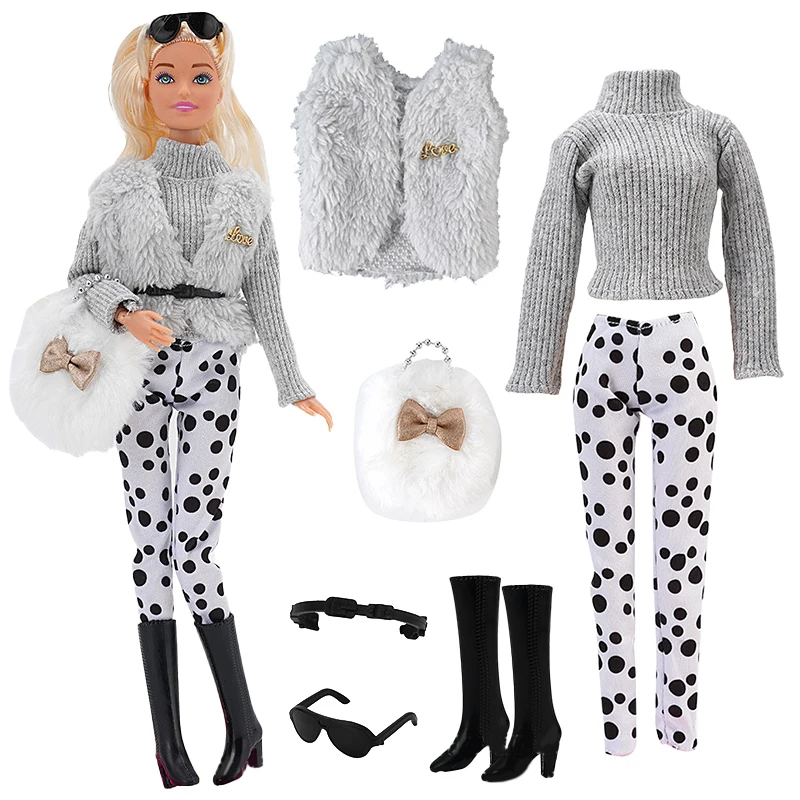 Chic Leather Dress and Fashion Coat Doll Outfit with Accessories