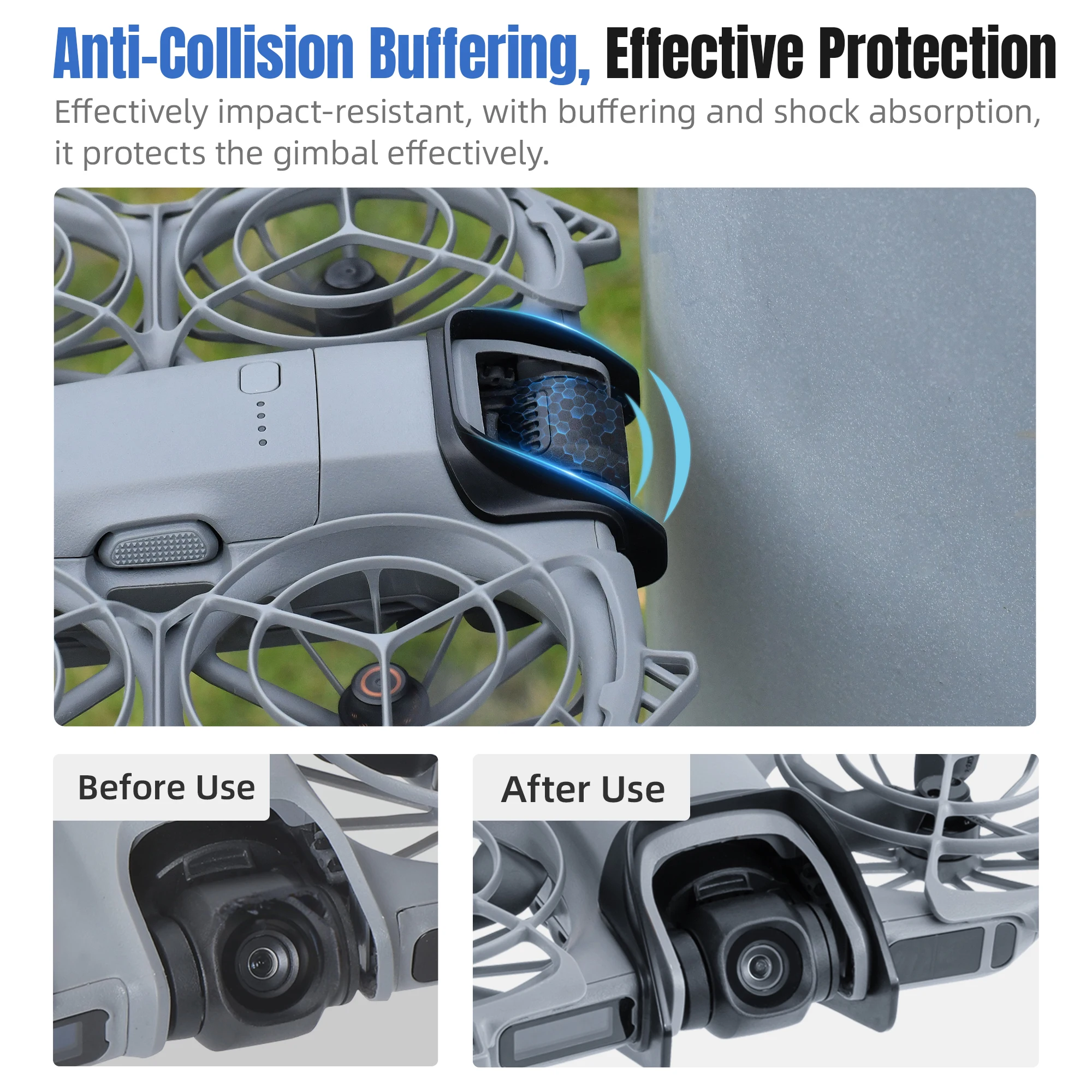 Vue rapprochée du Pare-chocs Cardan pour DJI NEO 2, matériau noir robuste