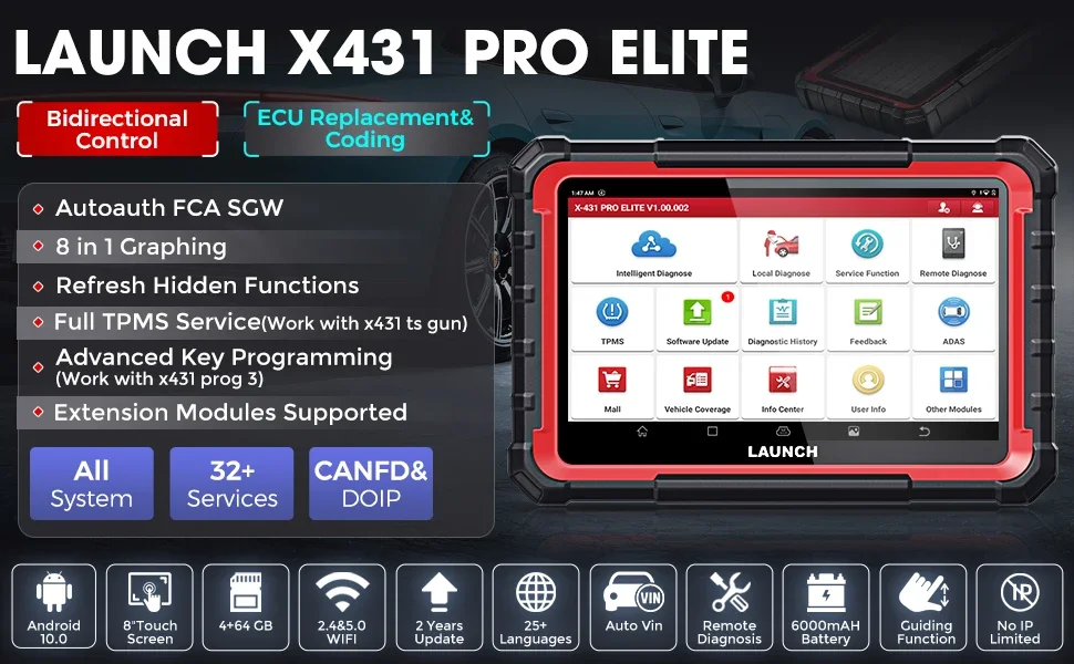 LAUNCH X431 PRO ELITE Autodiagnosetools Auto-OBD-OBD2-Scanner CAN FD/DOIP ECU-Codierung Bidirektionale Steuerung 31+ Reset – Detail 3
