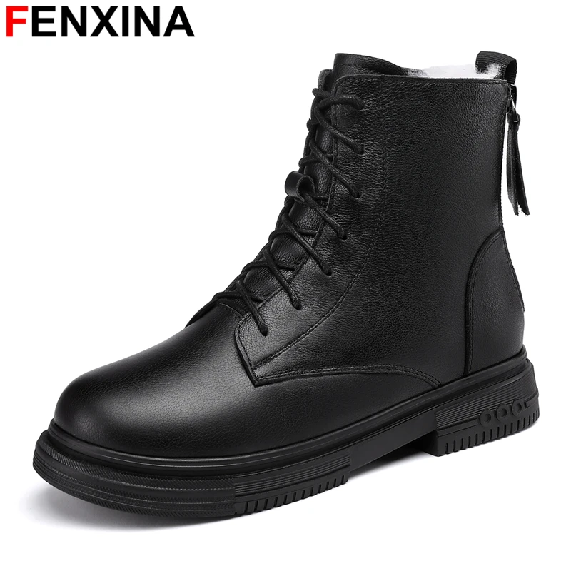 

FENXINA Plus Size 35-43 New Genuine Leather Ankle Boots For Women Shoes Dubble Zipper Wool Warm Snow Boots Black Fashion Shoes