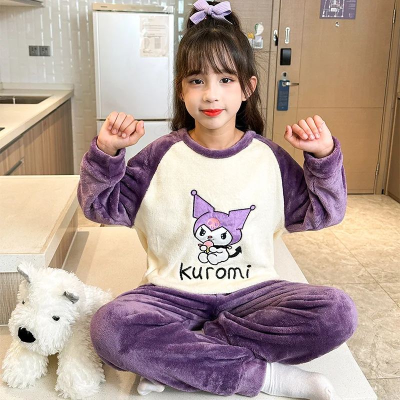 

Sanrio Flannel Childrens Pajamas Set Hello Kitty Cinnamoroll Winter Thicken Winter Sleepwear Kid Pants Girl Kuromi Loungewear