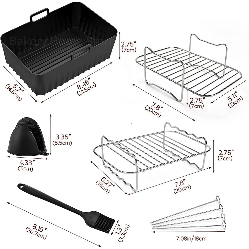 Premium Air Fryer Accessories Set with Stainless Steel Grill Racks and Rectangle Silicone Basket