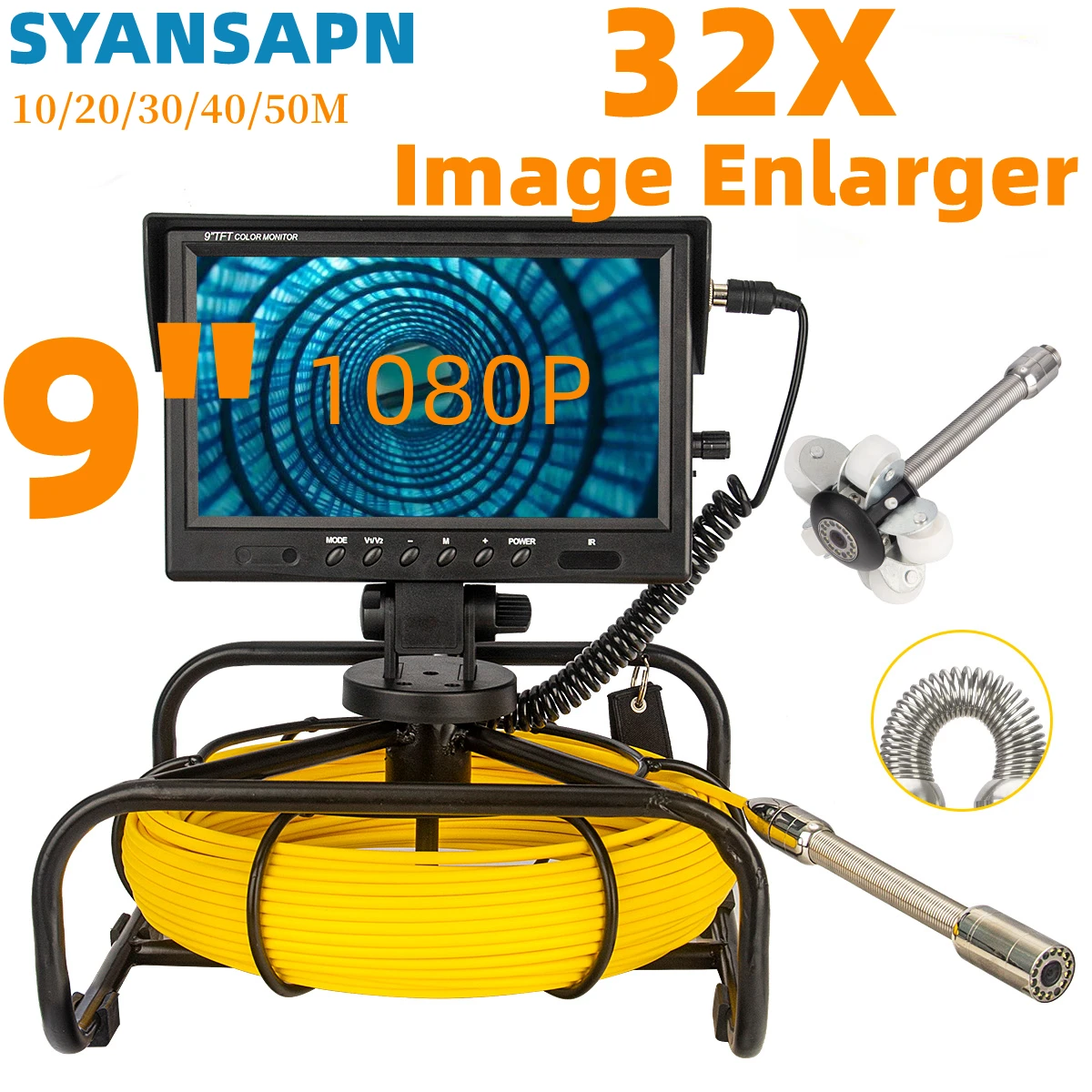 Pipe Inspection Camera SYASYANSPAN 9inch HD1080P Monitor 32X Image Enlarger , 23MM Head 8GB DVR Drain Industrial Endoscope IP68 7mm soft cable short spring 23mm 512hz sonde pipe sewer drain inspection camera endoscope borescope 7 lcd monitor meter counter