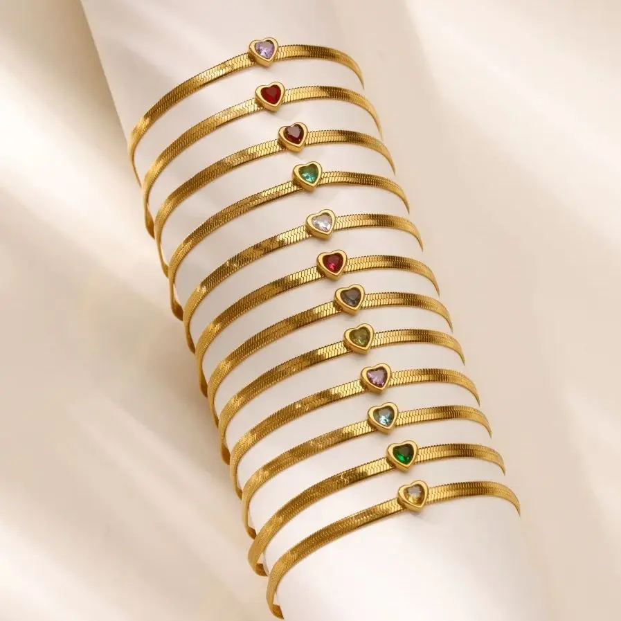 Zircon Birthstone Heart Bracelets For Women Gold Color Stainless Steel