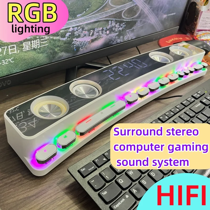 

HIFI Bluetooth Wireless Soundbar Stereo Subwoofer Desktop Strip RGB Light Mechanical Speaker Home Theater TV Computer Boombox FM